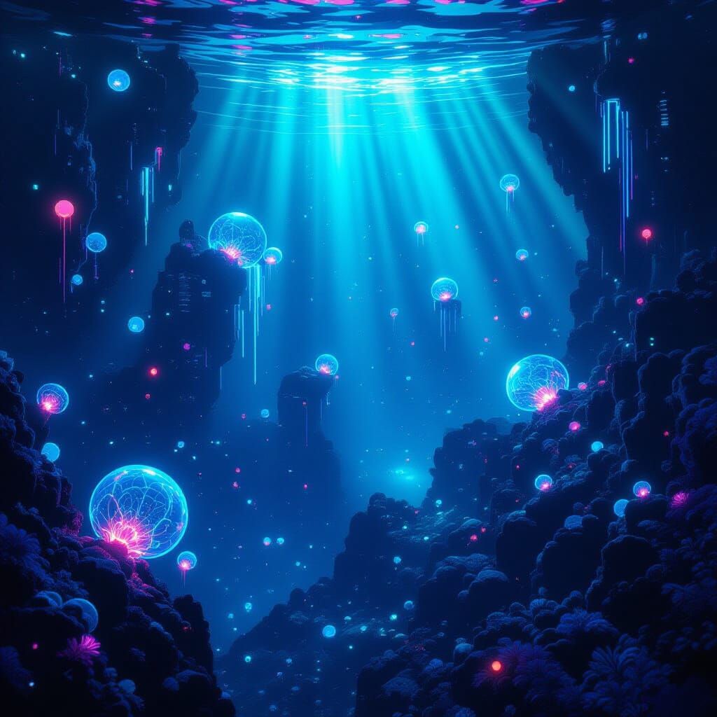 Bioluminescent Deep Sea Life in Futuristic Neon Style