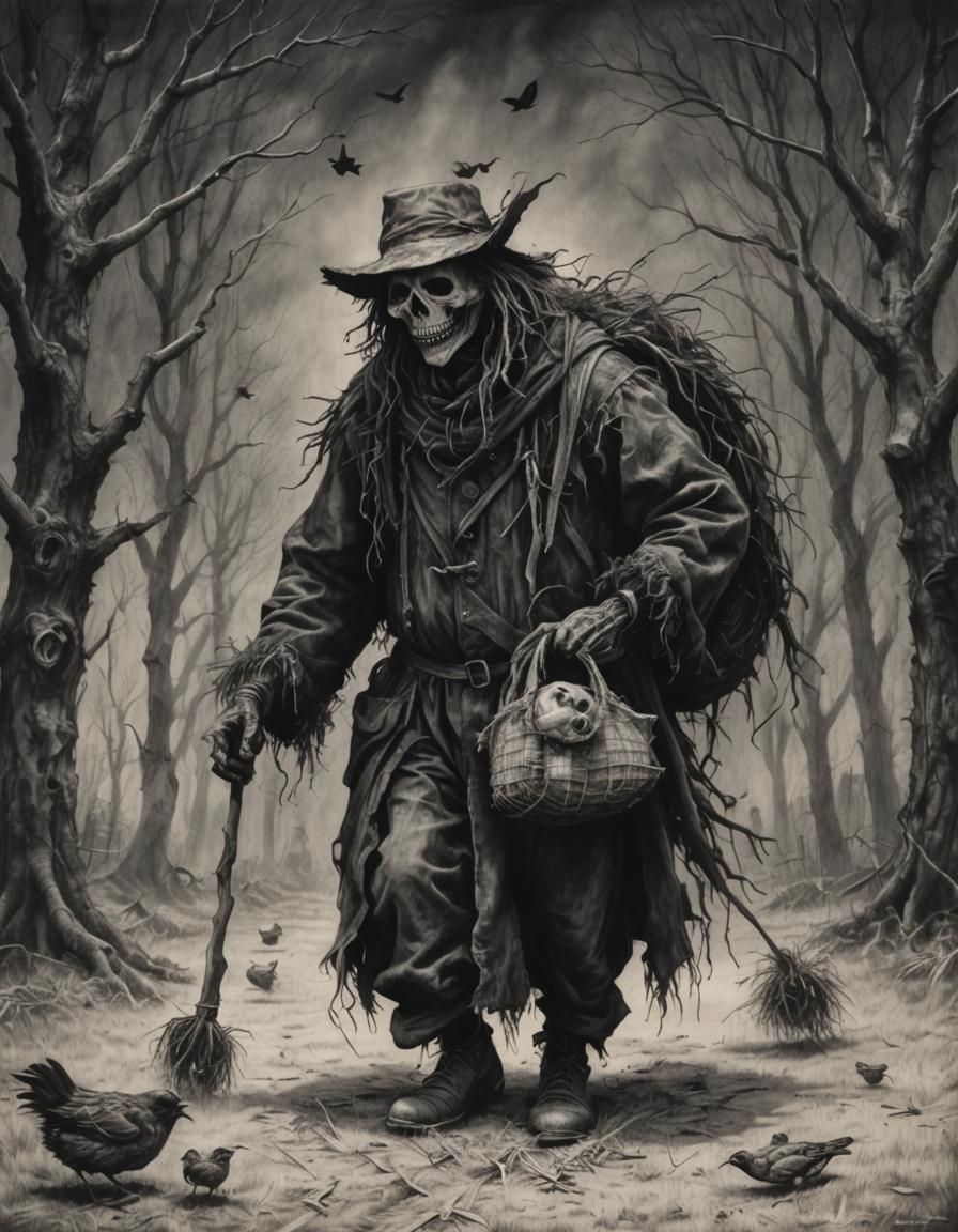 Hyperdetailed Charcoal Drawing of Scarecrows