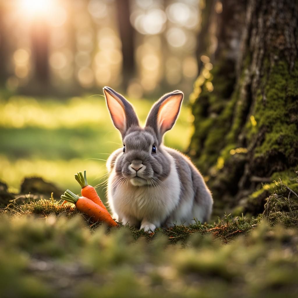 Cute Bunny with Amber Eyes Munching Carrot
