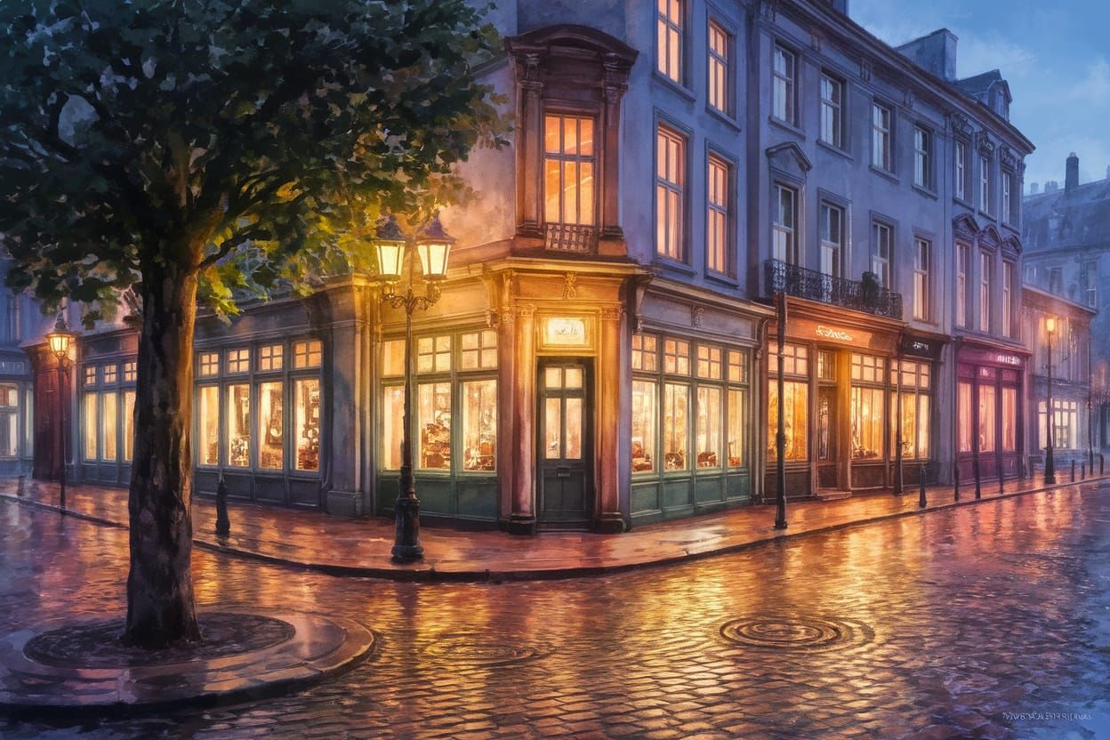 Charming European Street Corner at Dusk in Watercolor Style