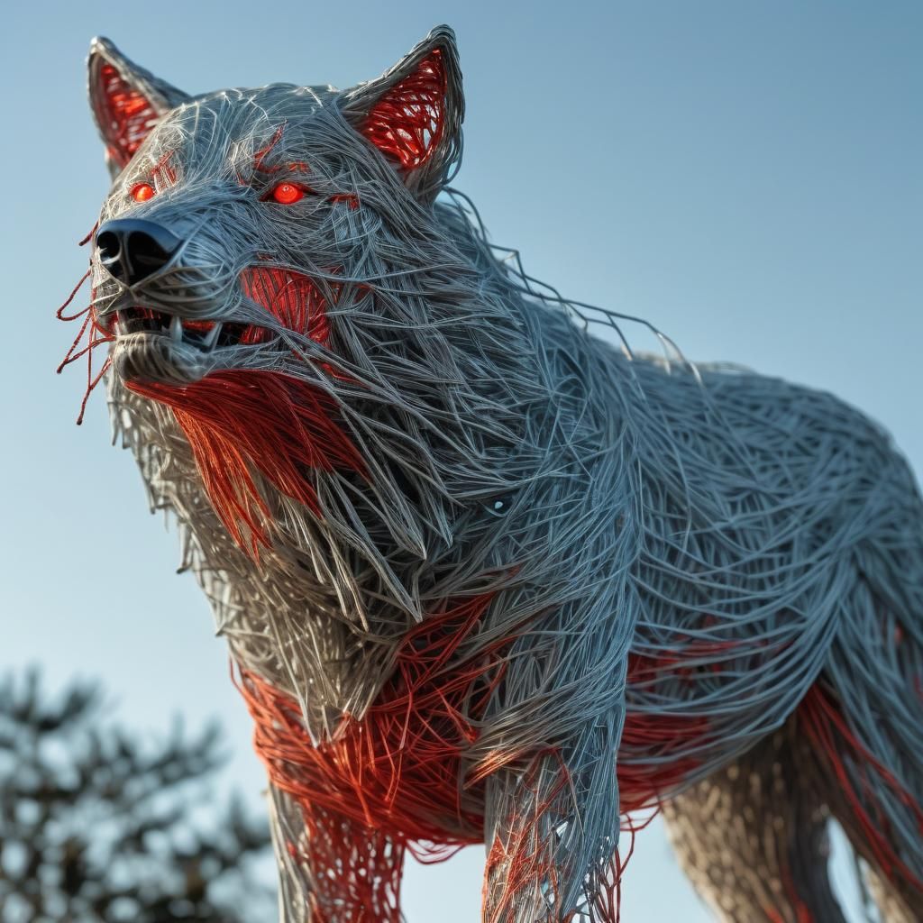 Surreal String Wolf Sculpture with Fiery Eyes