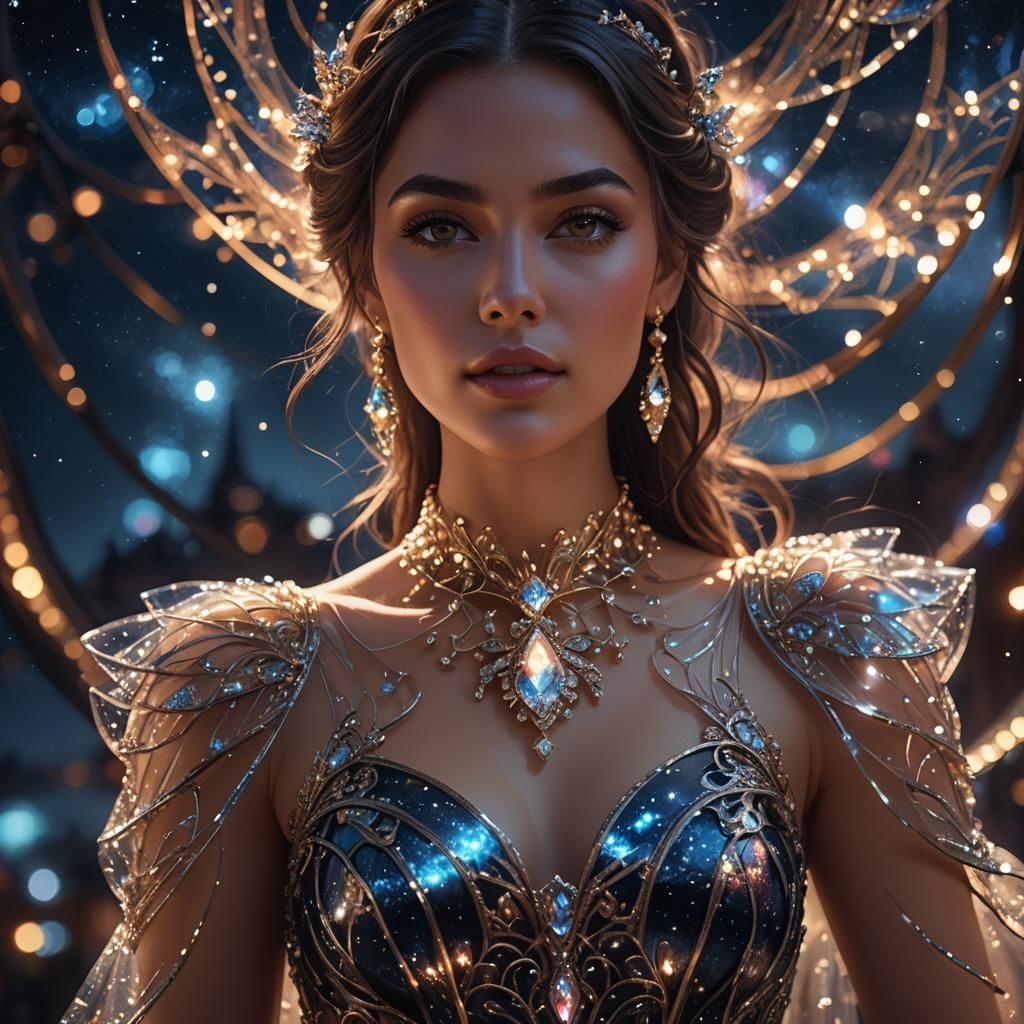 Woman in Glass Dress Against Night Sky