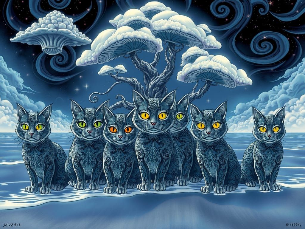 Mystical Cats on Celestial Shoreline, Surreal Art