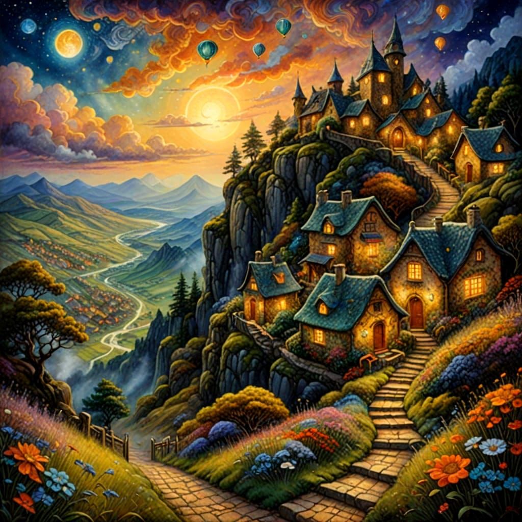 Surreal Street Ascends into Ethereal Clouds at Sunset