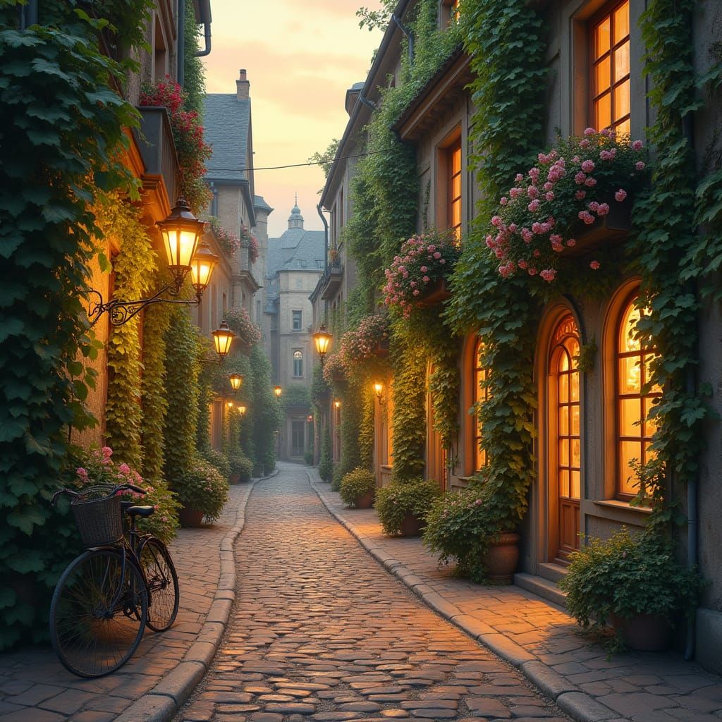 Romantic European Street Scene at Dusk