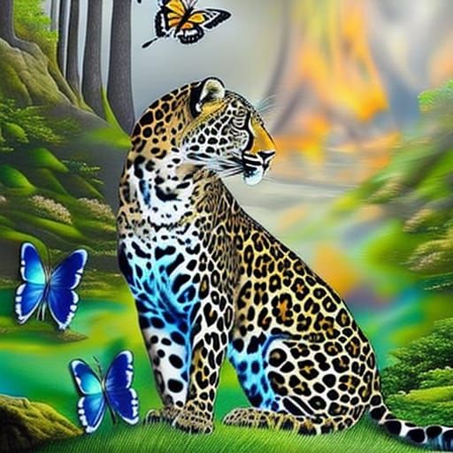 Leopard with Butterfly Wings in Deep Forest