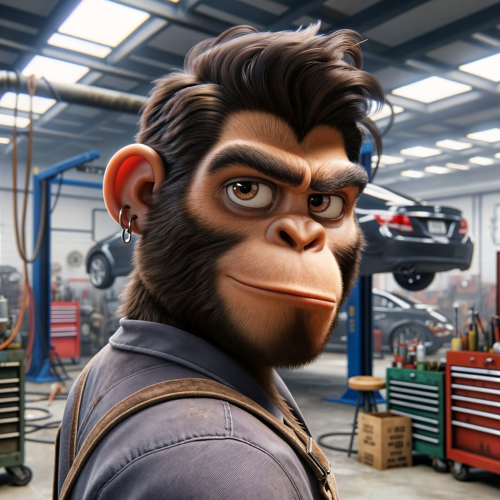 CGI Cartoon of Grumpy Hispanic Monkey Mechanic in Bustling G...