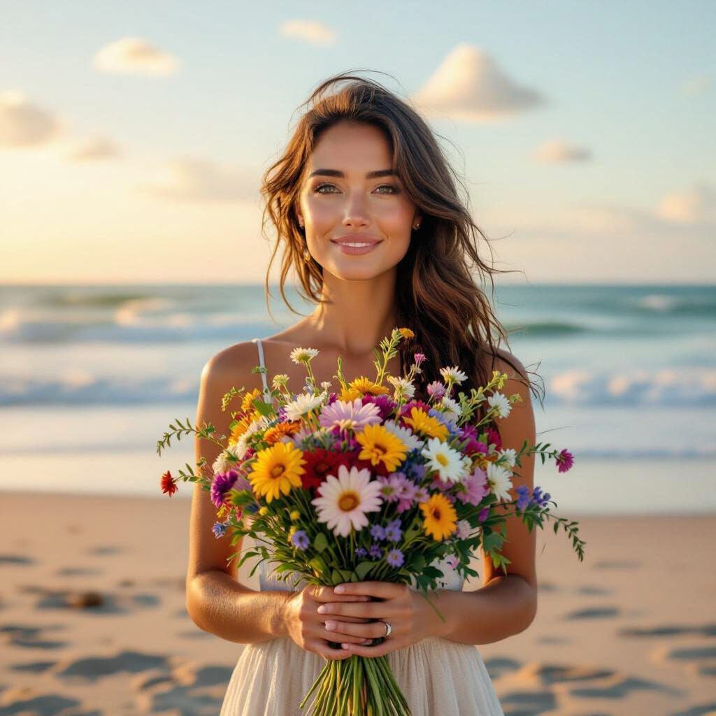 Woman Holding Wildflowers on Beach at Golden Hour