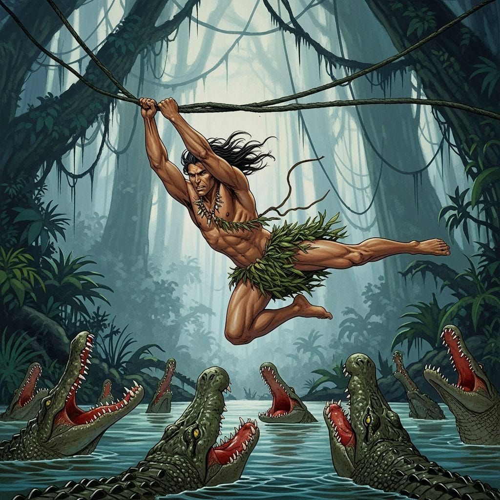 Tarzan Swings Over Crocodiles in Comic Art Style