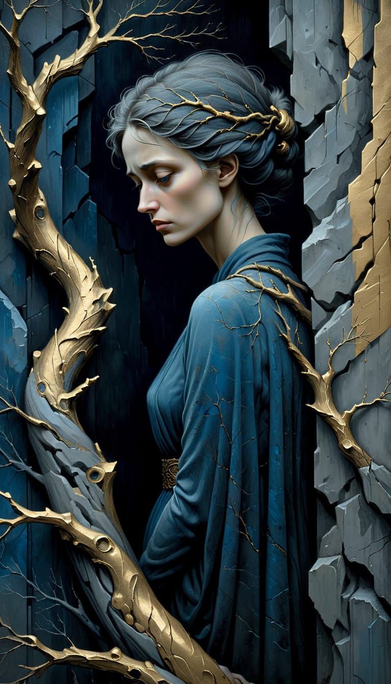 Contemplative Woman Emerging: Gritty Oil Painting in Art Dec...