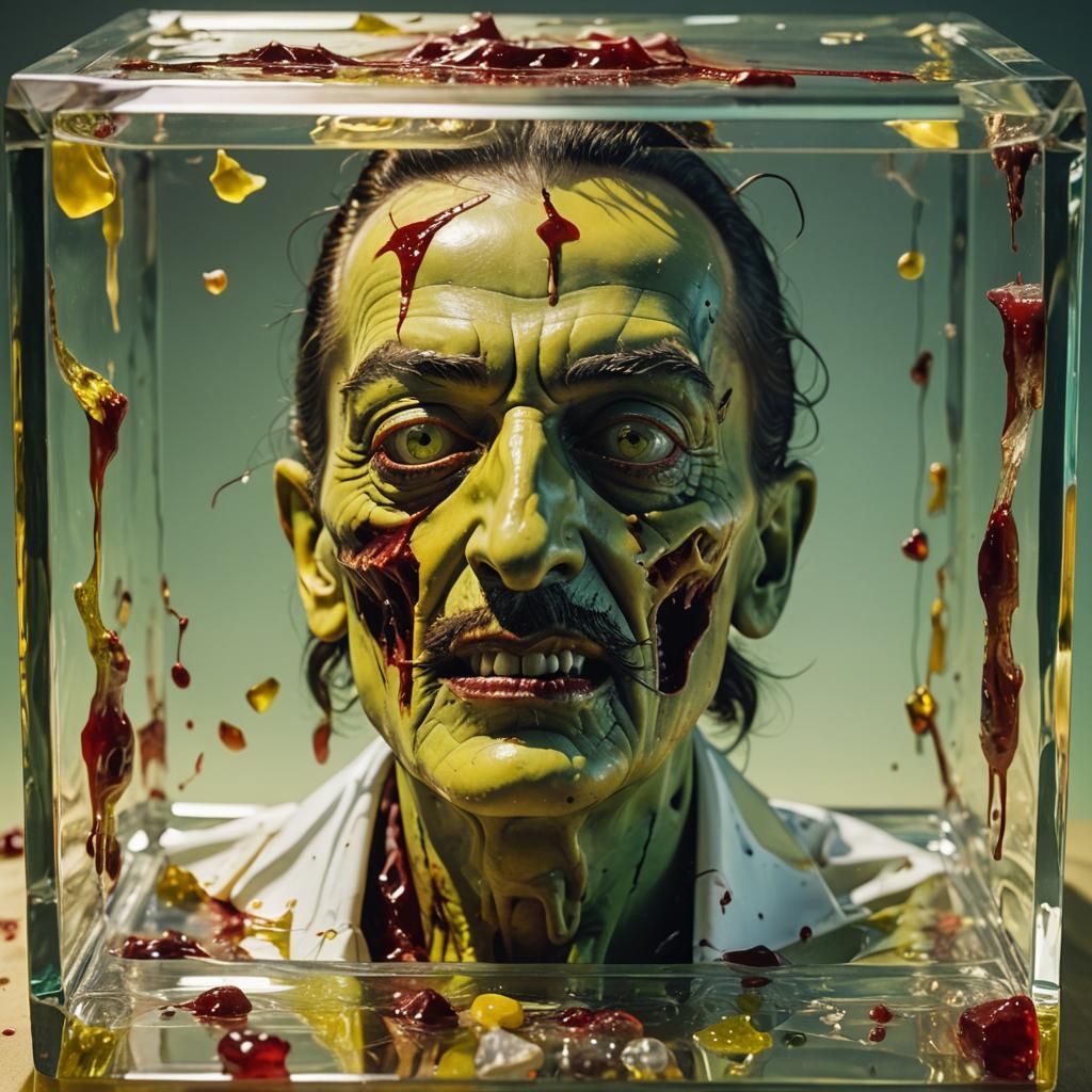 Zombie Face in Crystal Cube: Hyperrealistic Digital Art