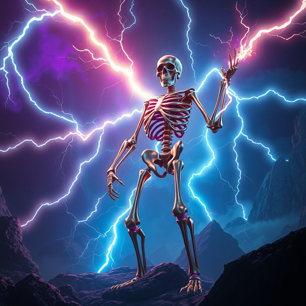 Electrified Skeleton in Mystical Landscape