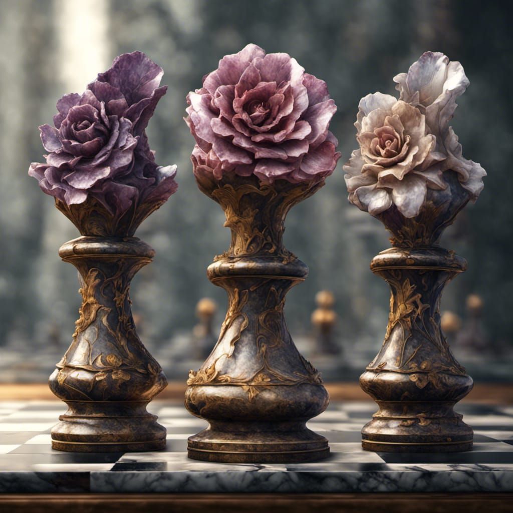 Floral Marble Chess Pieces: Dark Fantasy Art