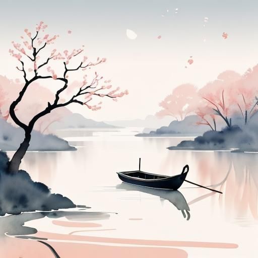Lunar New Year: Minimalist Watercolor River Landscape