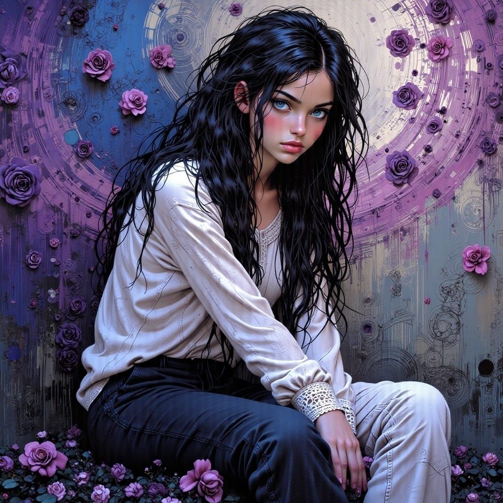 Introspective Woman Surrounded by Abstract Shapes