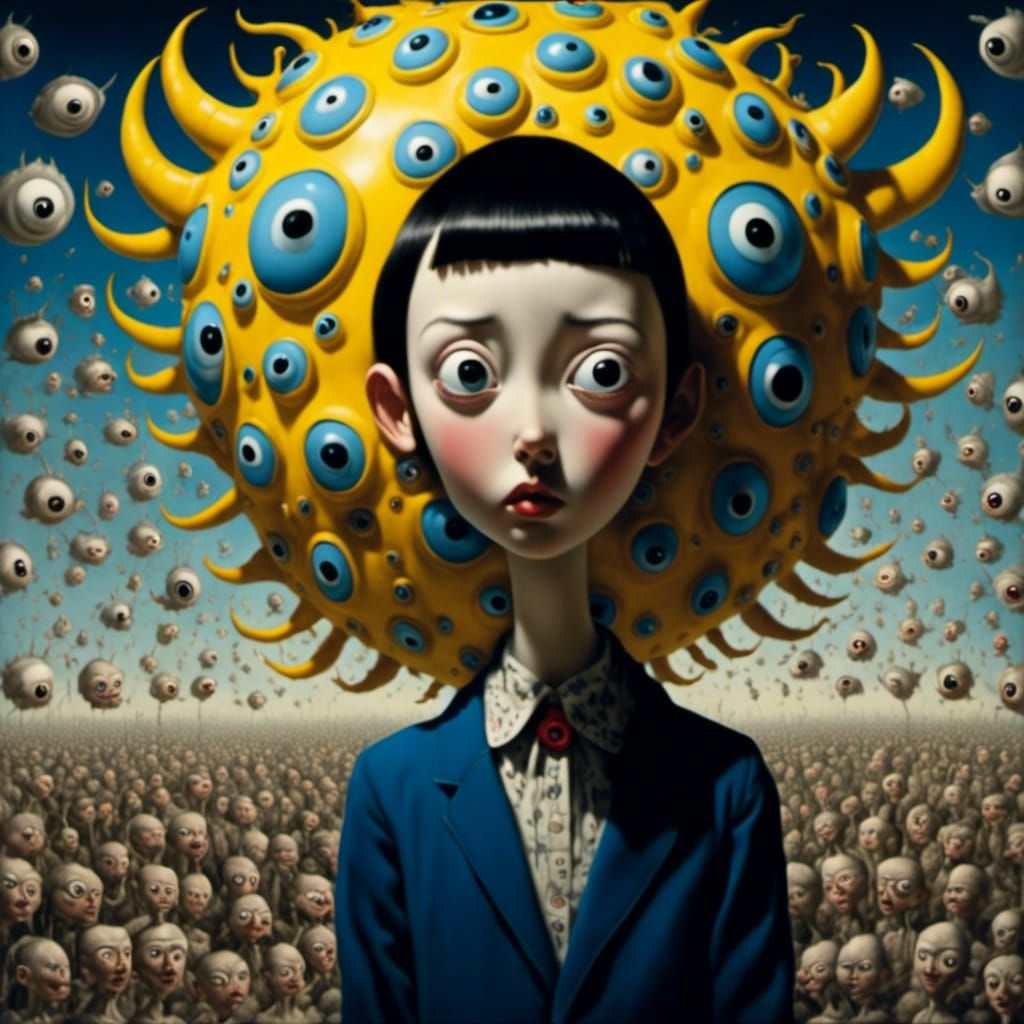 Surreal Animated Girl with Horns and Many Eyes