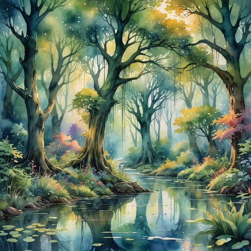 Mystical Forest Glade in Drippy Watercolor Style