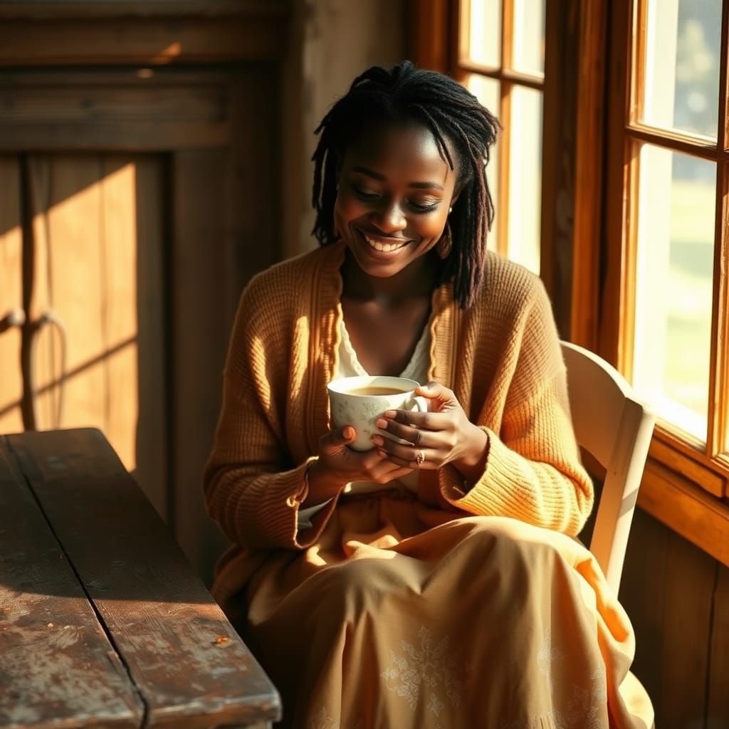 Peaceful Woman with Tea in Regionalist Style