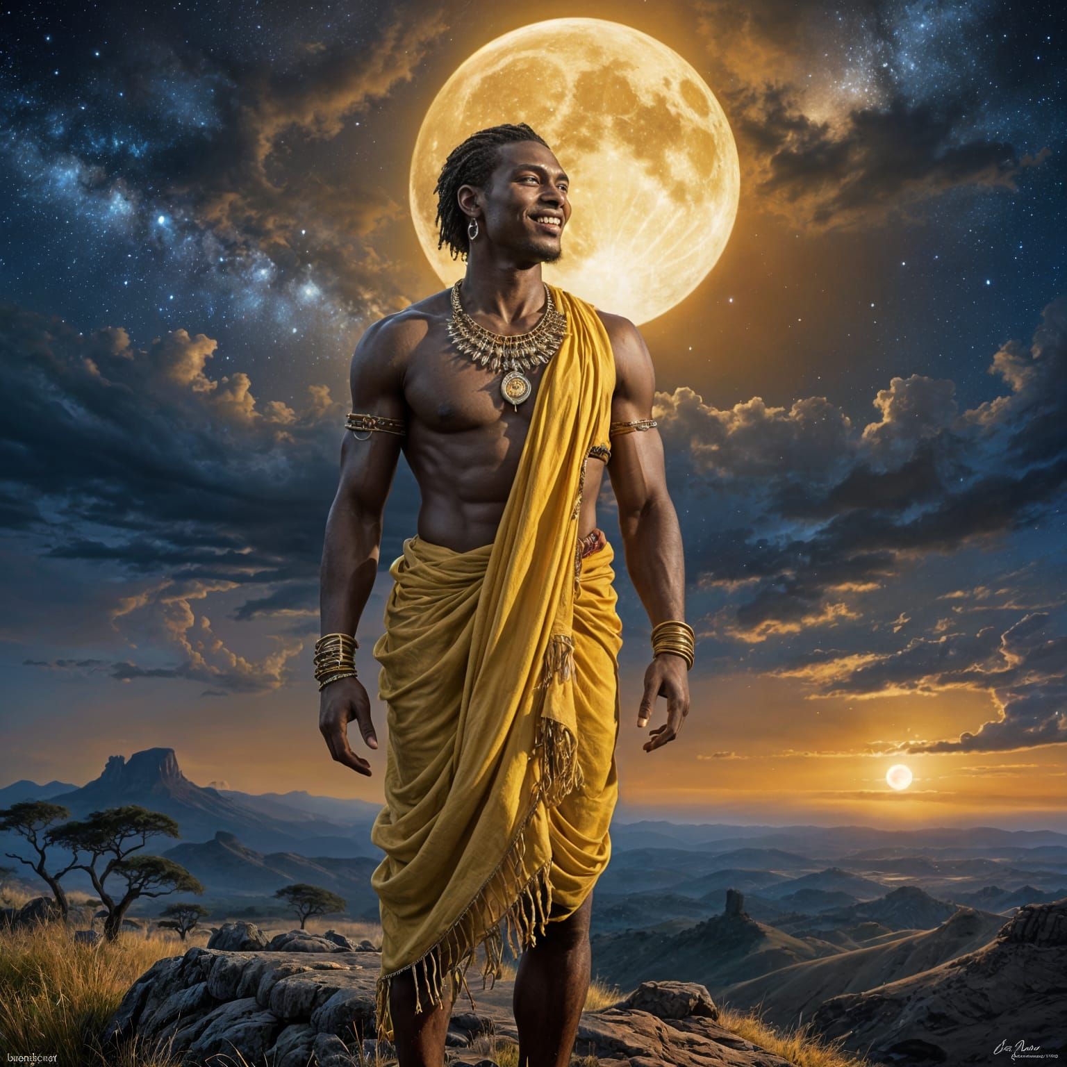 Serengeti Moonlight: Tribal Man in Sfumato Painting