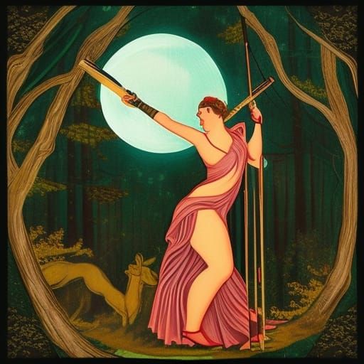 Artemis in Moonlit Forest, Art Deco Style