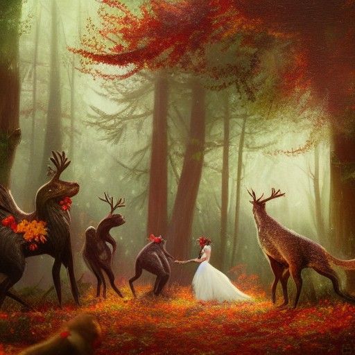 Enchanting Animal Wedding in Autumn Garden, Oil Painting