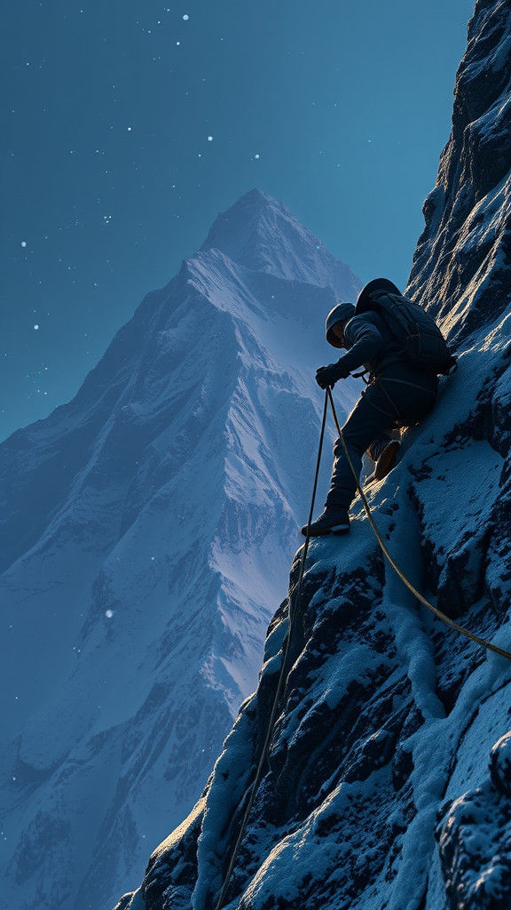 Epic Fantasy Climber Conquers Snowy Summit at Night