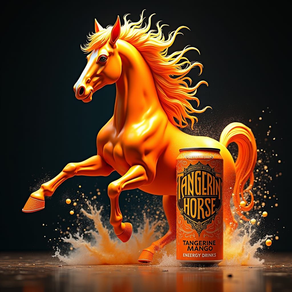 Majestic Tangerine Horse Energy Drink, Fantasy Illustration
