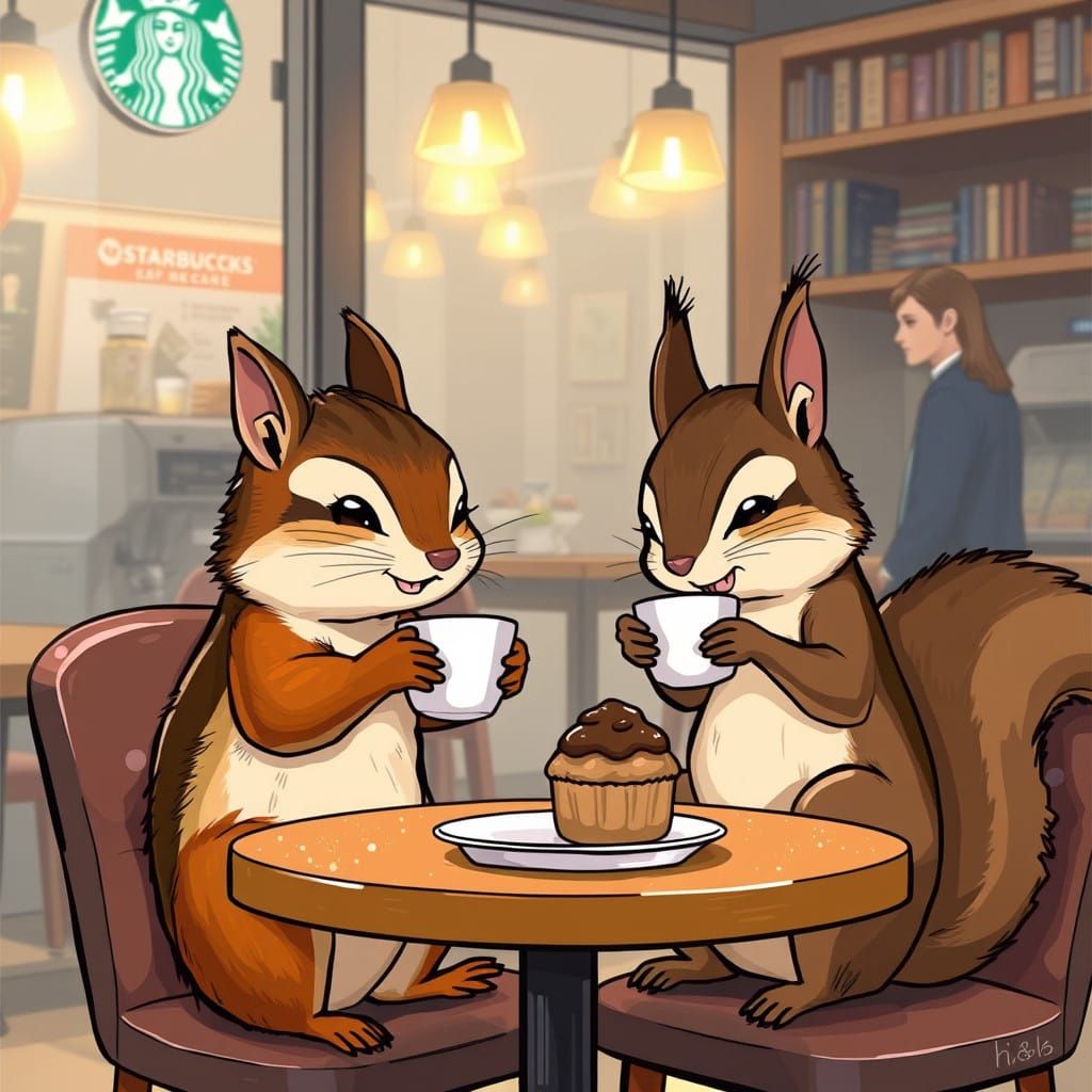 Chipmunk and Squirrel Enjoy Coffee in a Whimsical Starbucks....