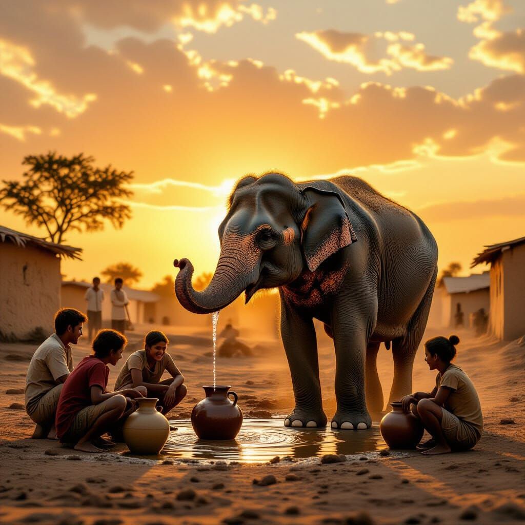 Elephant Brings Water to Villagers: Photorealistic Style