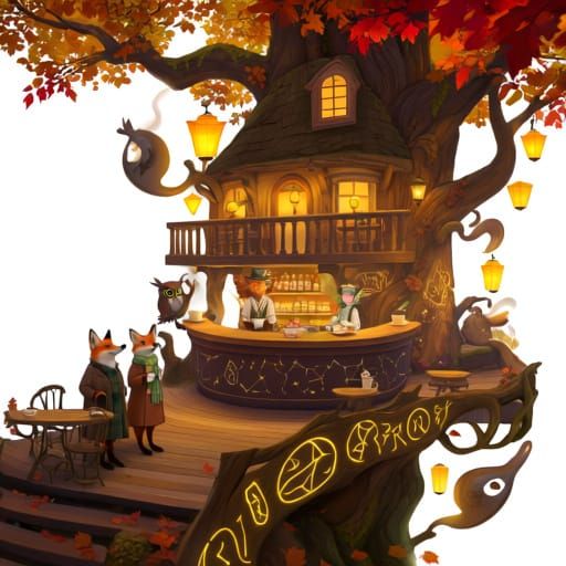 Whimsical Enchanted Treehouse Café with Elves and Animals