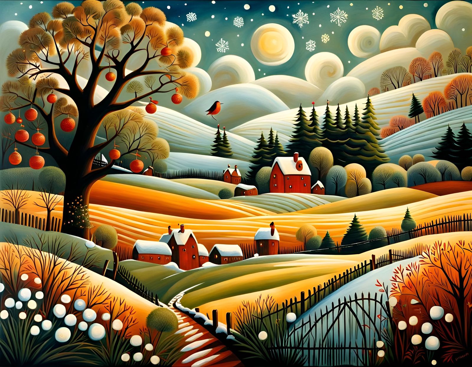 Festive Robin in Winter Village Wallpaper