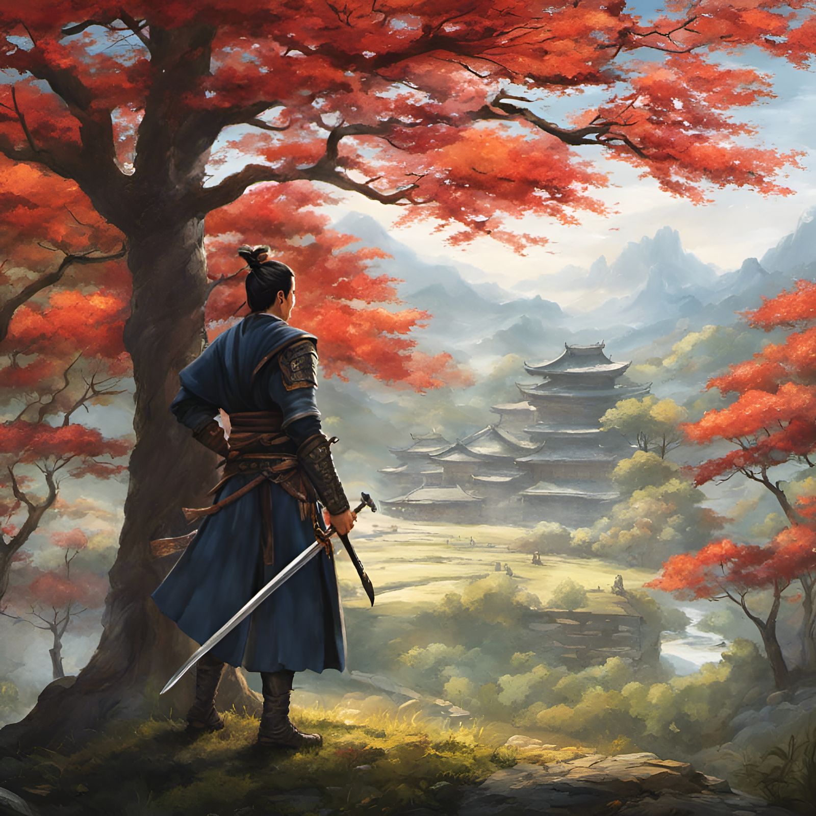 Samurai Warrior in Watercolor Painting Style