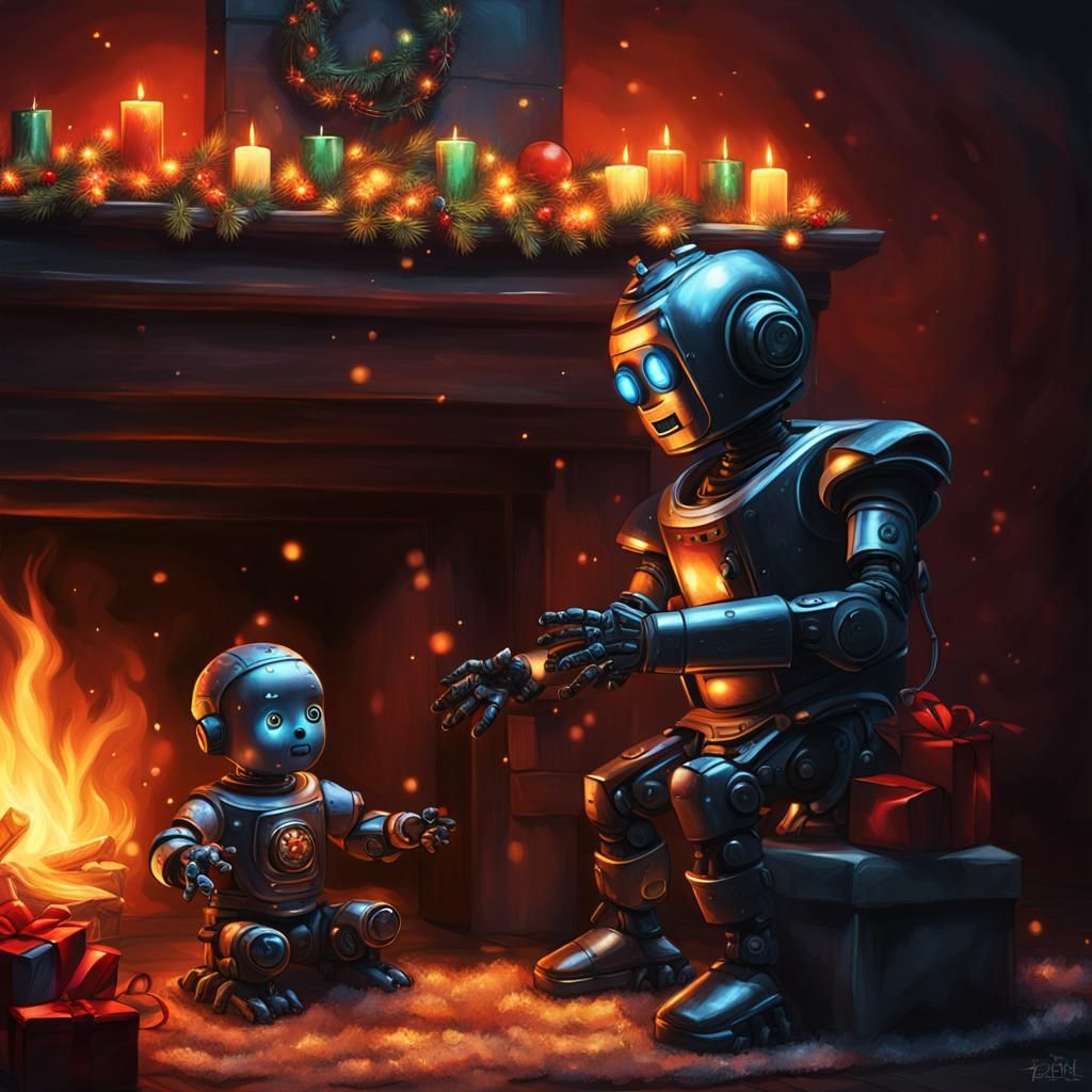 Robot Baby Jesus Lights Fireplace: Hyperrealistic Art