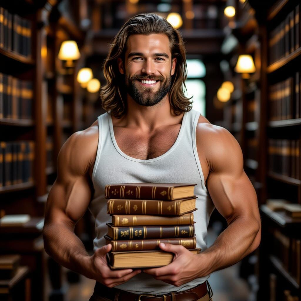 Smiling Man With Books in Old Library