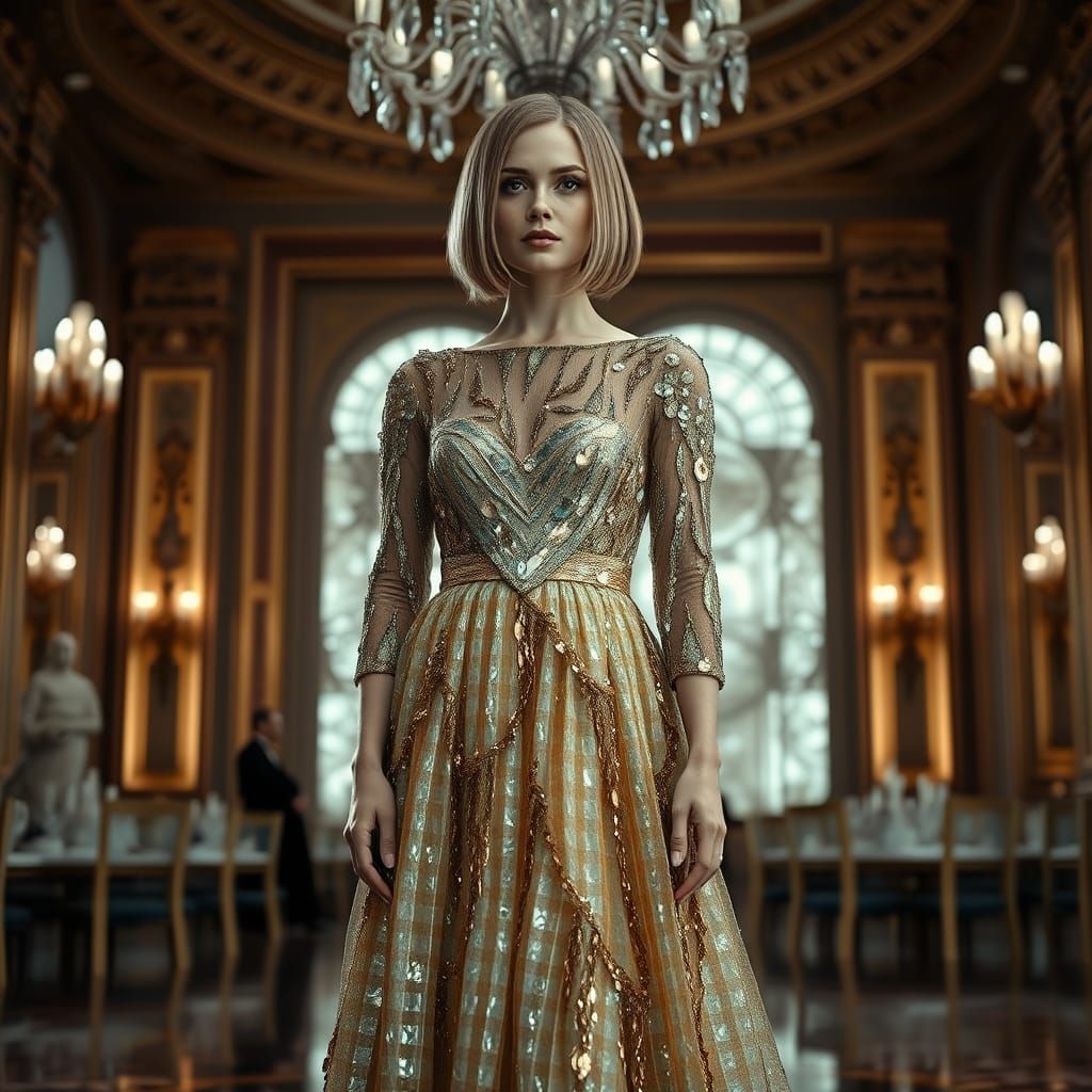 Crystal Dress in Ballroom, Hyperrealistic Digital Art