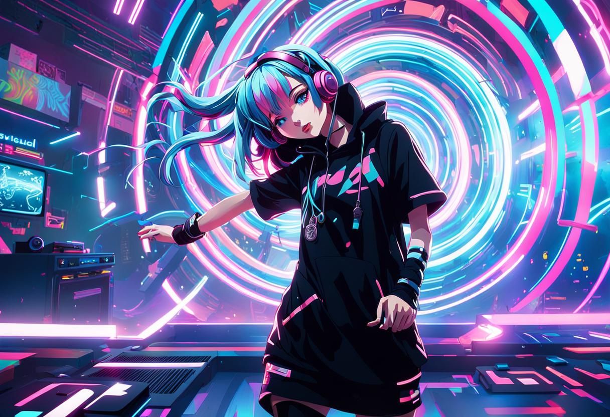 Cyberpunk Girl Dancing in Neon Club: Anime Portrait