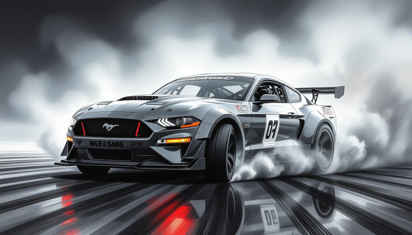 Hoonicorn Mustang Drifting in Smoke, Charcoal Drawing Style