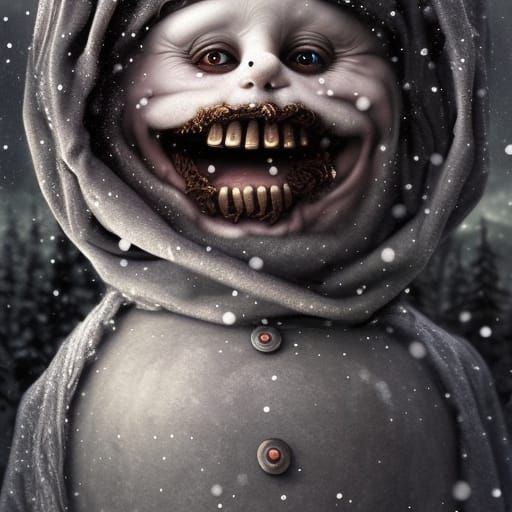 Creepy Old World Snowman in Hyperrealistic Airbrush Art