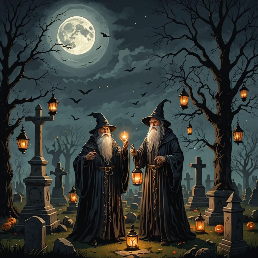 Old Wizard Casting Dark Magic in Cemetery