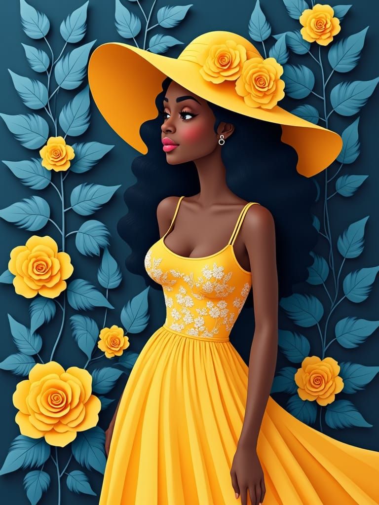 Elegant Woman in Yellow Dress, Paper Cut Art