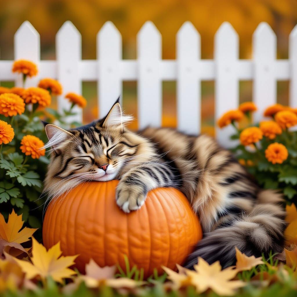 Fluffy Tabby Cat Sleeps on Pumpkin in Golden Hour Light