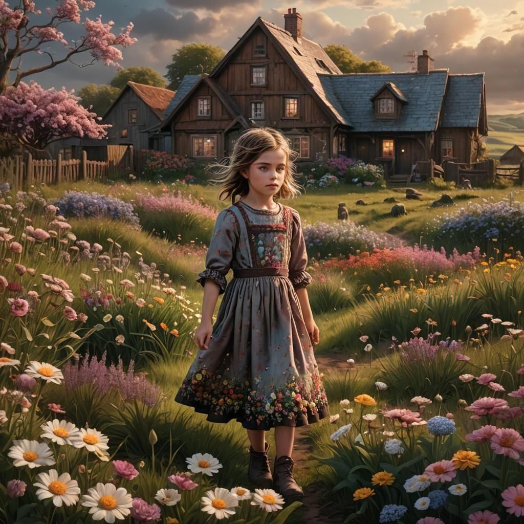 Girl in Floral Dress in Enchanted Meadow