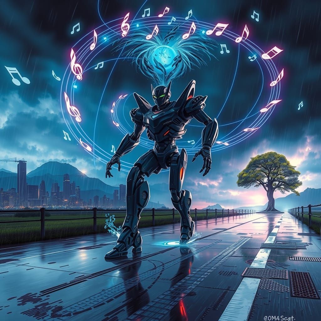 Futuristic Robot Dancing in Ethereal Energy Vortex