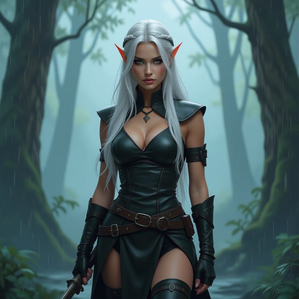 Elven Huntress in Misty Forest, Fantasy Art