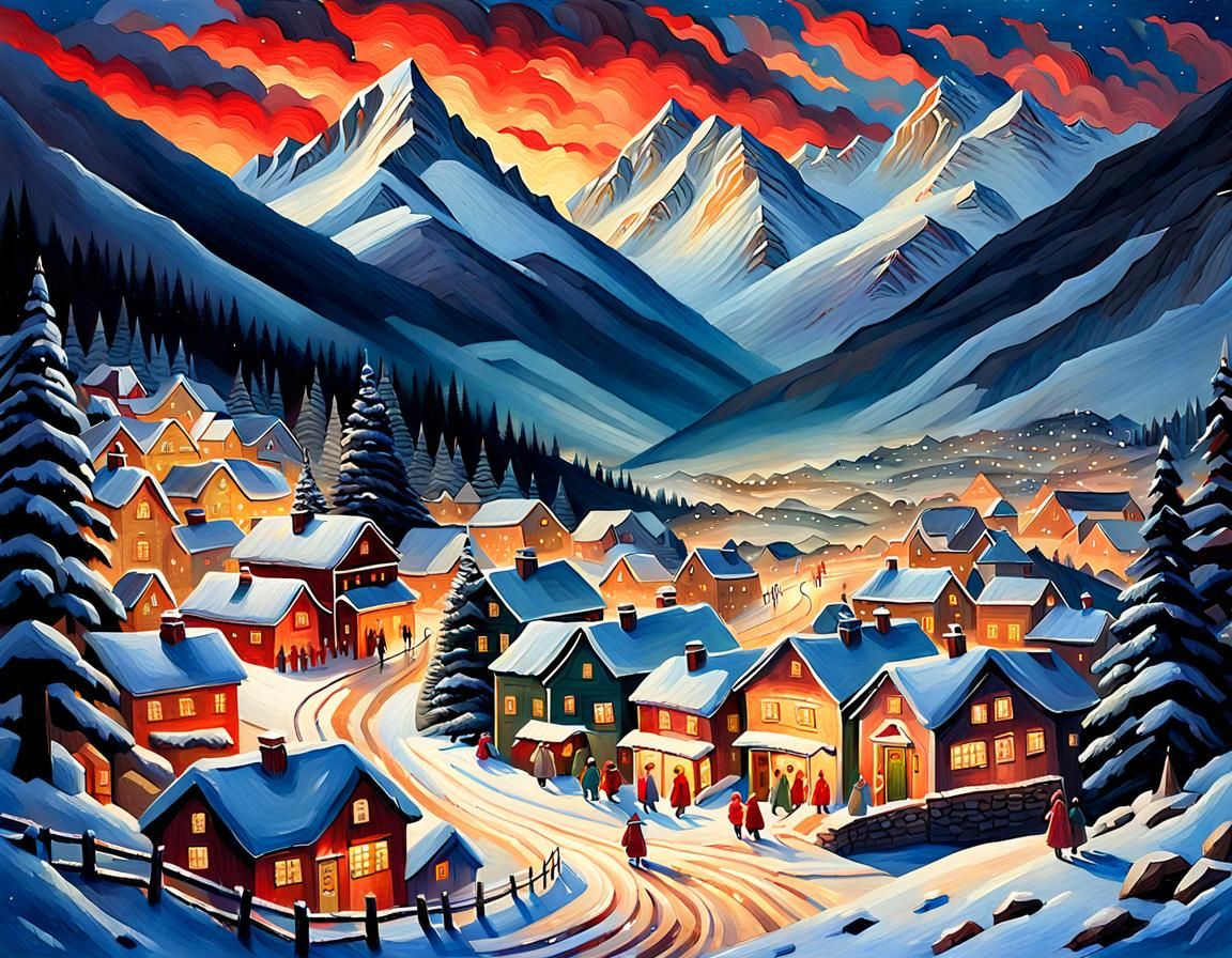 Snowy Mountain Village Christmas: Impressionist Painting