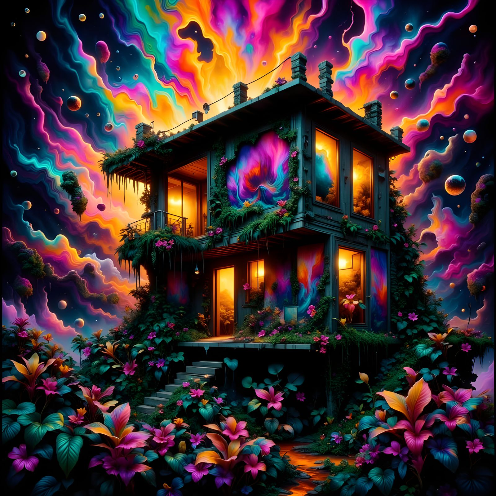 Decrepit Jungle Shack with Neon Graffiti Art