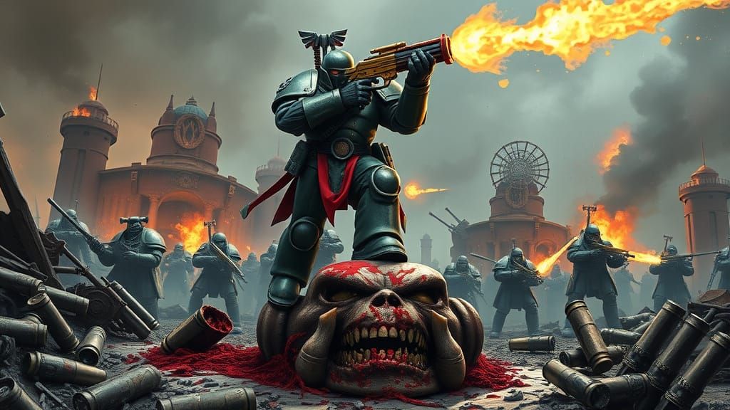 Warrior's Triumphant Victory in a Ruined Battlefield