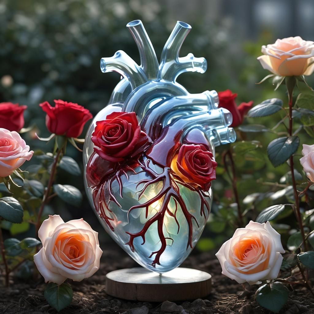 Sacred Heart and Roses in Glass Anatomical Heart