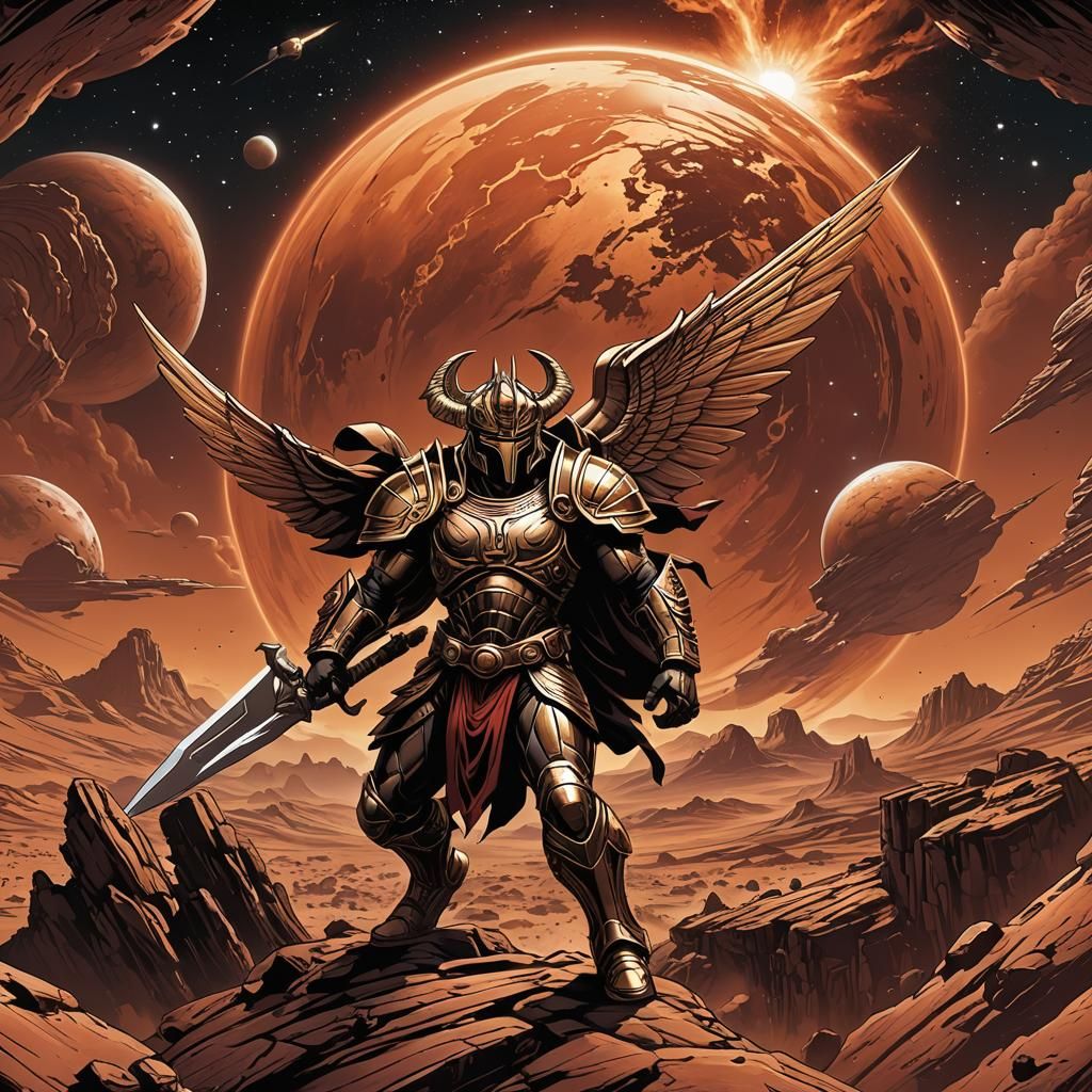 God Ares Logo Flying Above Mars in Comic Art