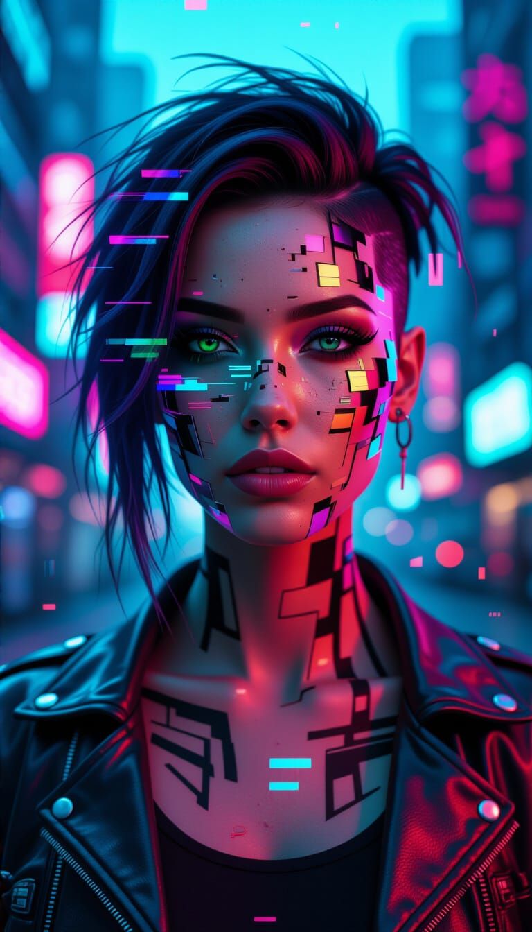 Cyberpunk Woman Portrait with Glitching Neon Tattoos
